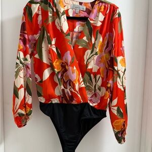 Adelyn Rae Vibrant Floral Bodysuit - Red and Black
